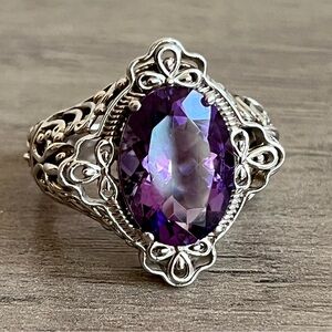 Elegant Oval Amethyst 925 Sterling Silver Scroll Swirl Solitaire Gemstone Ring